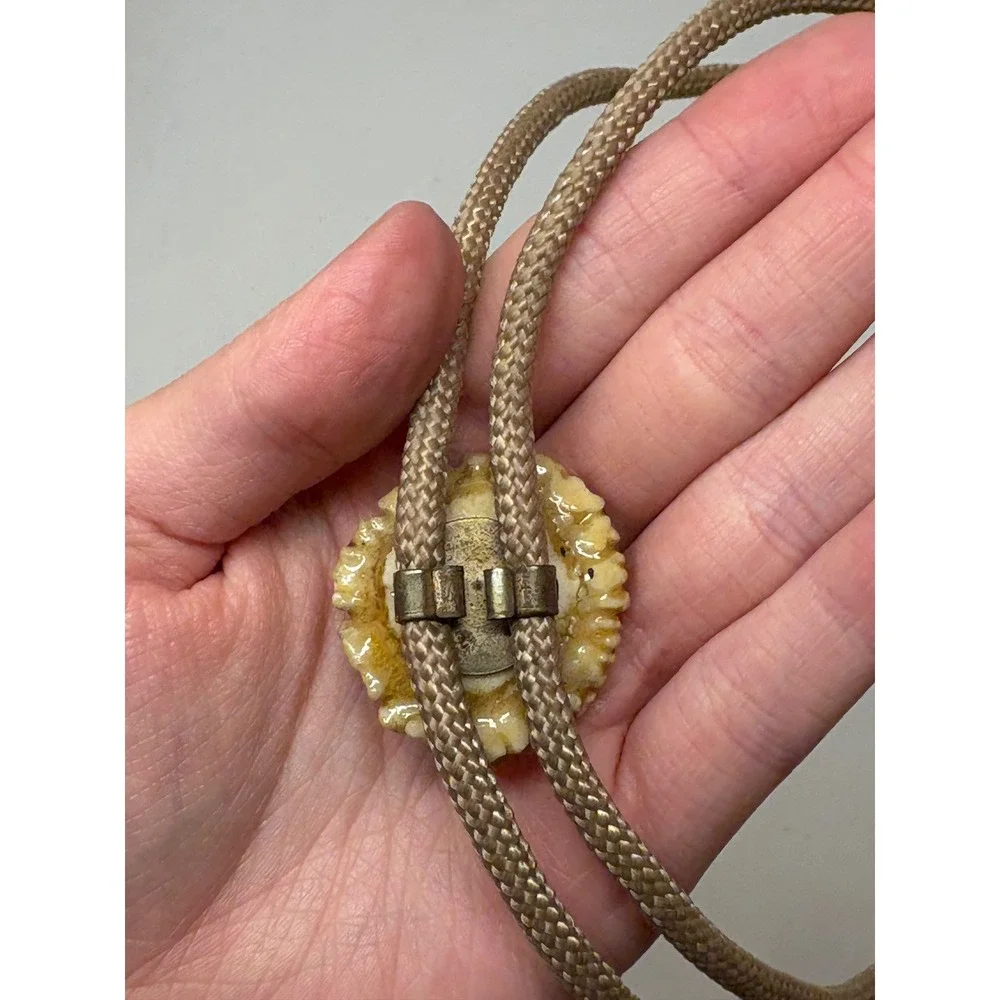 Vintage Antler Bolo Tie Tan Braided Cord Red Rhinestone Silver Tips